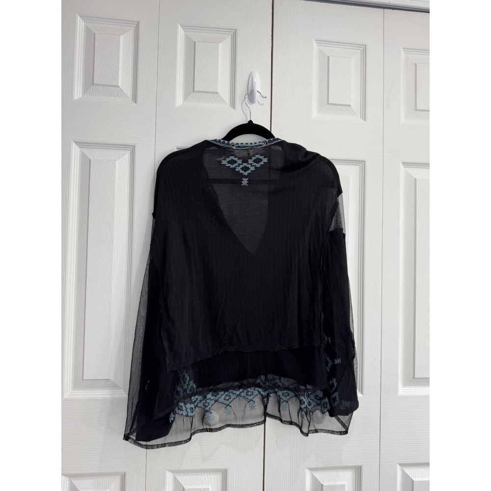 Free People Eden Loose Top Women's Medium Black Aztec Sheer Embroidered V-Neck - Picture 2 of 8